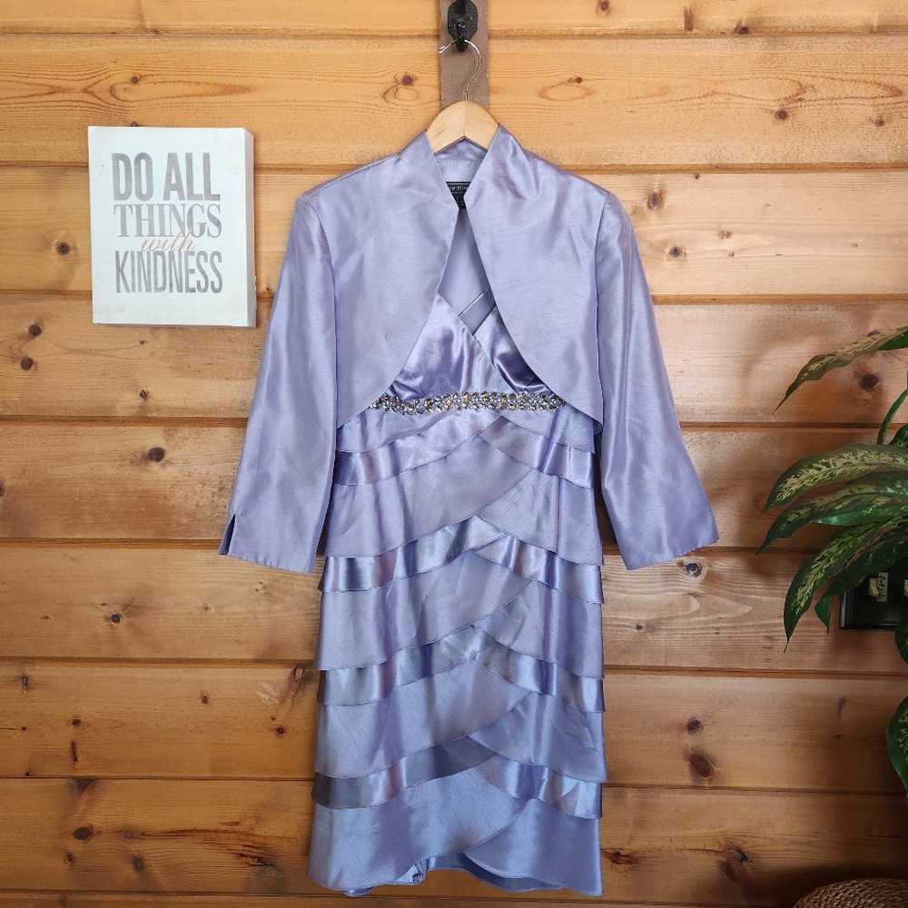 Jessica Howard 2 Piece Dress Jacket Purple Tiered Ruffle‎ Diamante Formal Size 6